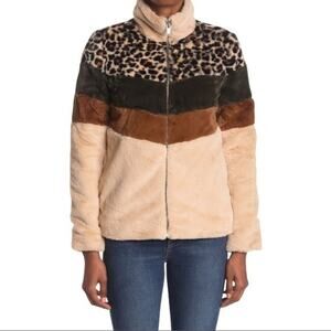 Coffee Shop Faux Fur Leopard Colorblock Jacket S